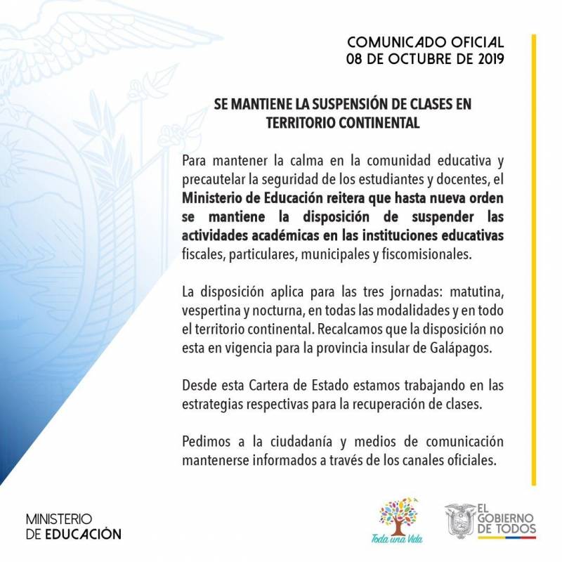 8 de octubre: Clases continúan suspendidas, excepto en Galápagos