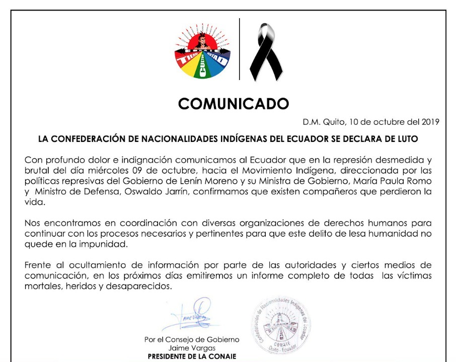 Conaie denuncia que hay fallecidos y se declara en luto