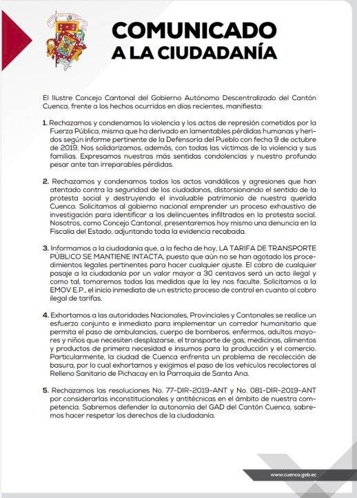 Comunicado de Autoridades en Cuenca