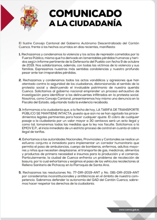 Comunicado de Autoridades en Cuenca Comunicado de Autoridades en Cuenca