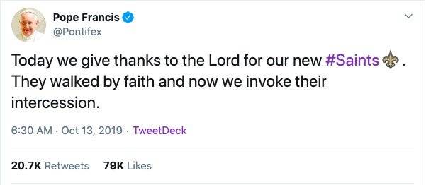 Tuit del Papa Francisco asociado a los New Orleans Saints