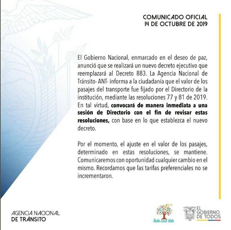 Comunicado de la Agencia Nacional de Tránsito