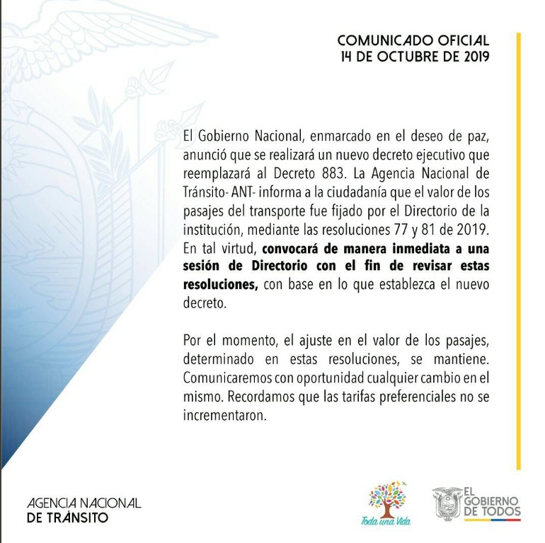 Comunicado de la Agencia Nacional de Tránsito Comunicado de la Agencia Nacional de Tránsito