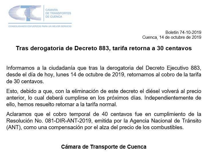 Comunicado de la Cámara de Transportes de Cuenca Comunicado de la Cámara de Transportes de Cuenca