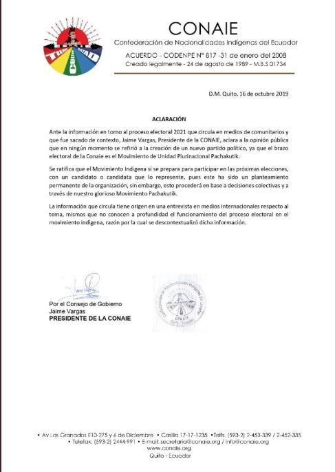 Comunicado de la CONAIE Comunicado de la CONAIE