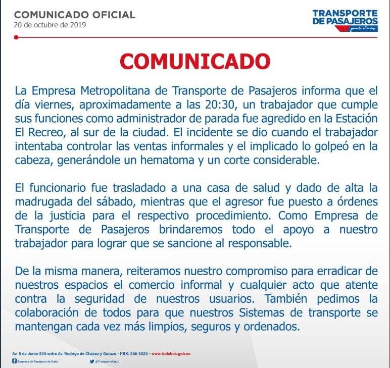 Comunicado de la Empresa Metropolitana de Transporte