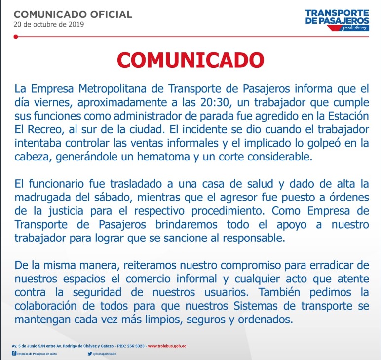 Comunicado de la Empresa Metropolitana de Transporte Comunicado de la Empresa Metropolitana de TransporteComunicado de la Empresa Metropolitana de Transporte