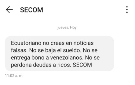 Mensaje enviado por SECOM