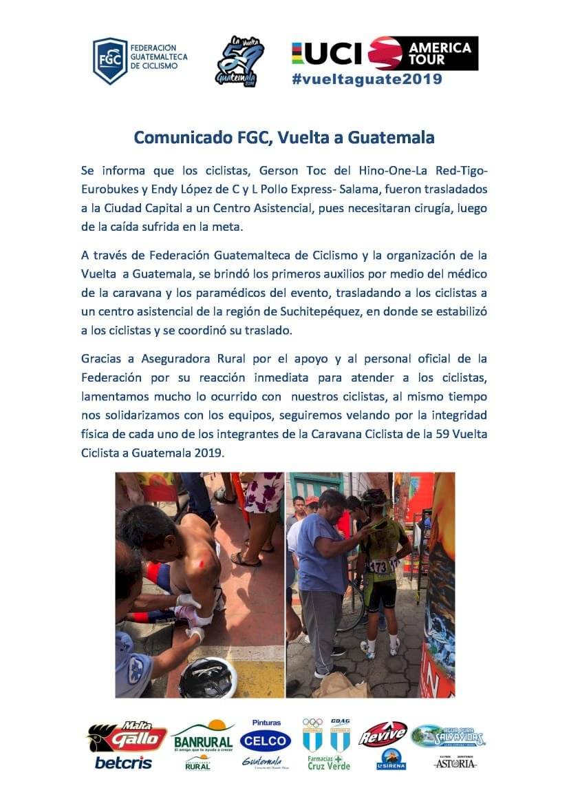 Dos ciclistas abandonan la competencia por lesiones.