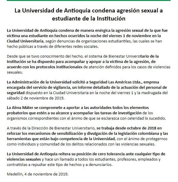 Comunicado Universidad de Antioquia