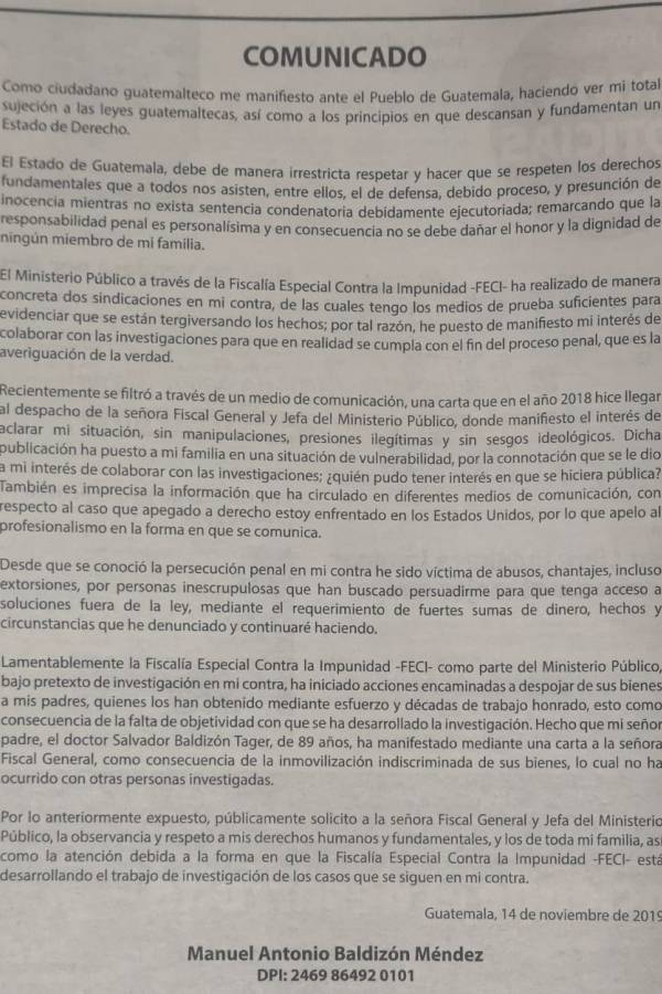 comunicado de Manuel Baldizón