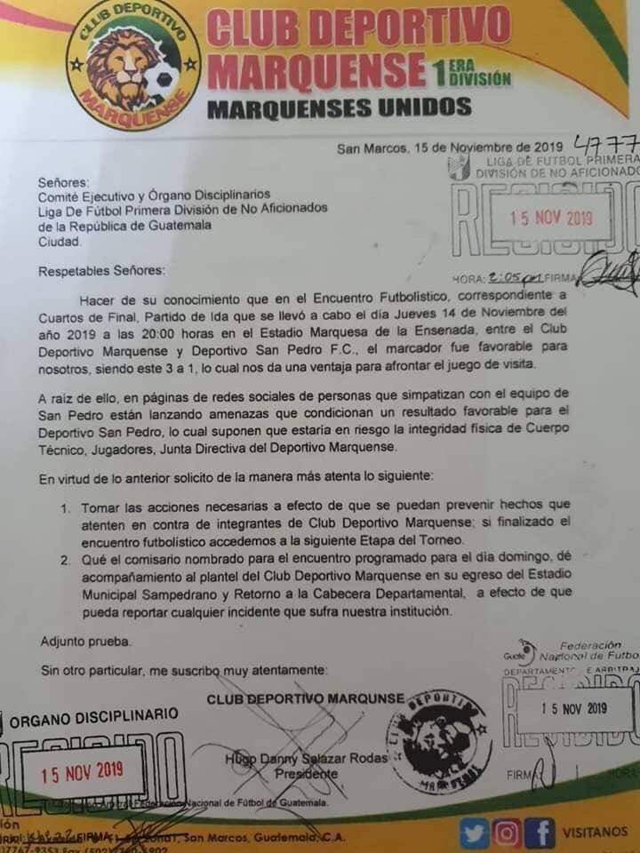 Denuncia del Deportivo Marquense