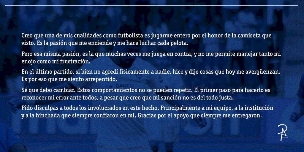 Comunicado de Rodrigo Aguirre, jugador de Liga de Quito