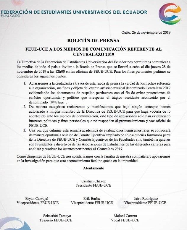 FEUE-UCE envía nuevo comunicado sobre el