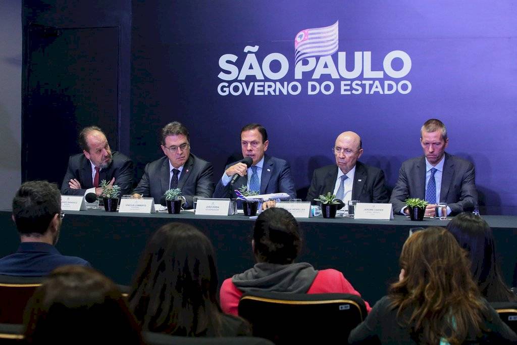 Governador João Doria com Henrique Meirelles, Vinicius Lummertz, e o CEO da LATAM Airlines Brasil, Jerome Cadier