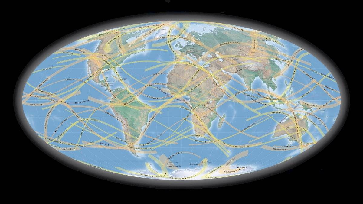 Este mapa señala los eclipses solares que ocurrirán hasta el 2060