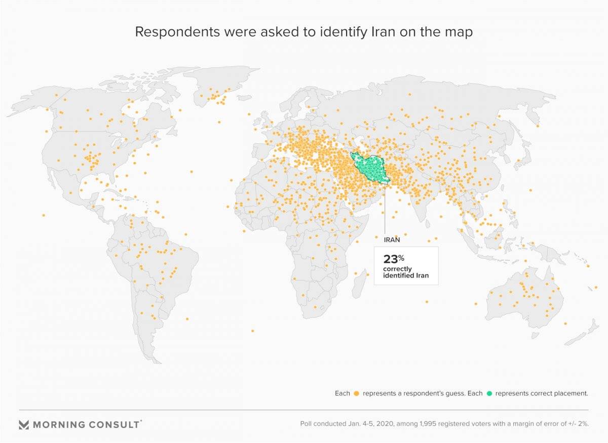 Mapa-mundi com respostas sobre a localização do Irã