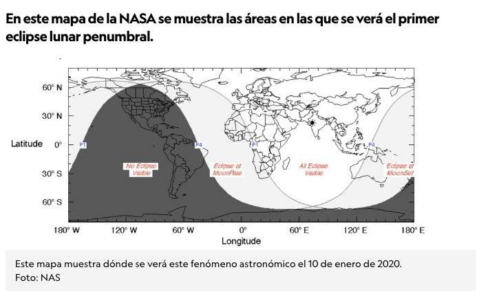Mapa de lugares donde se verá el eclipse parcial de luna