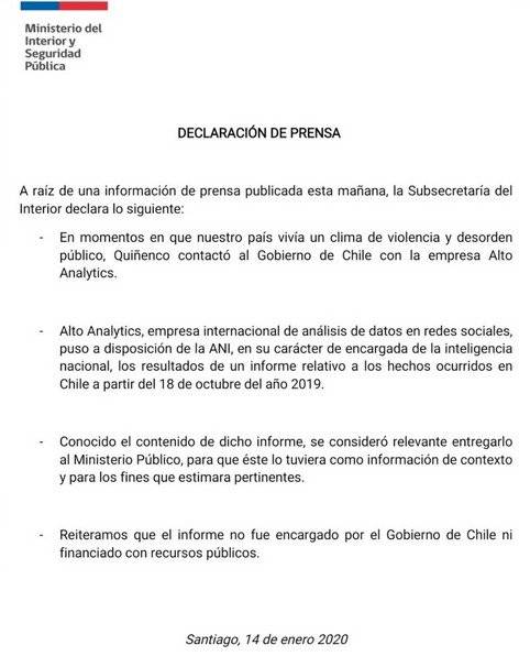 Declaración Ministerio del Interior