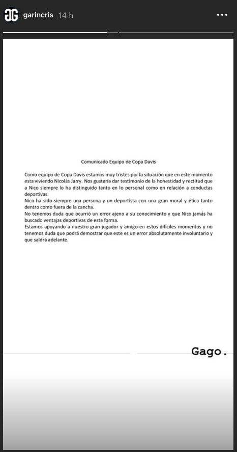 Garin compartió el comunicado de apoyo