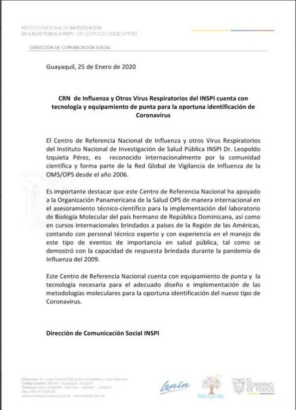 El Instituto Nacional de Investigación en Salud Publica “Dr. Leopoldo Izquieta Pérez” (INSPI) emitió un boletín este sábado 25 de enero