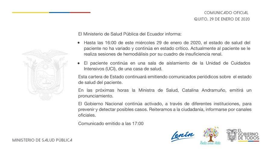 El Ministerio de Salud Pública de Ecuador emitió un comunicado a las 17:00 de este miércoles 29 de enero