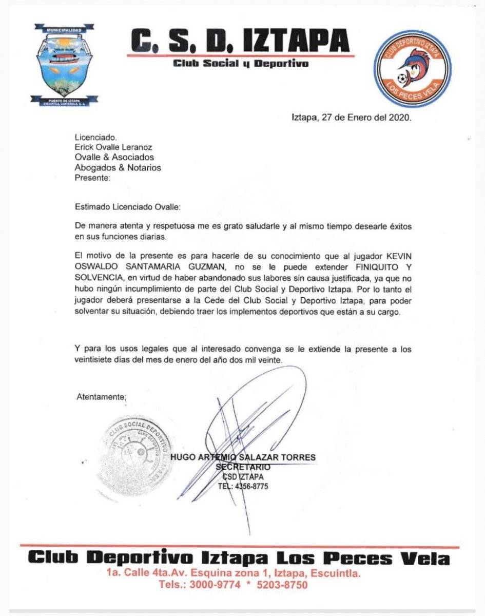 Comunicado del Deportivo Iztapa sobre Kevin Santamaría