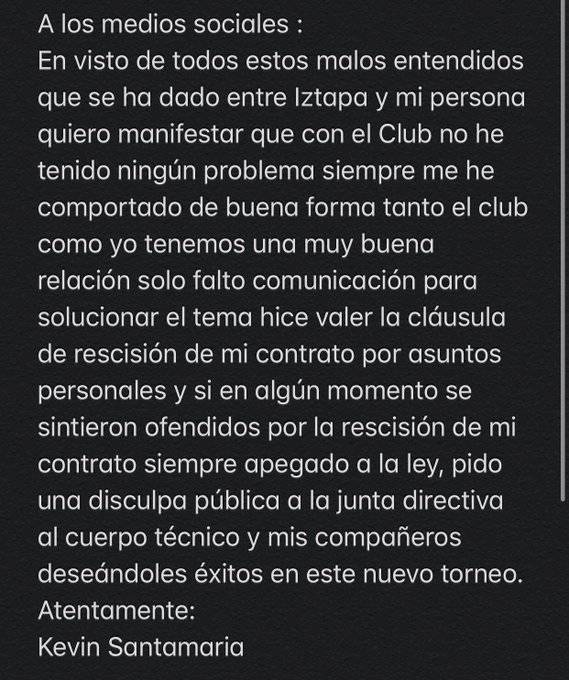 Comunicado de Kevin Santamaría
