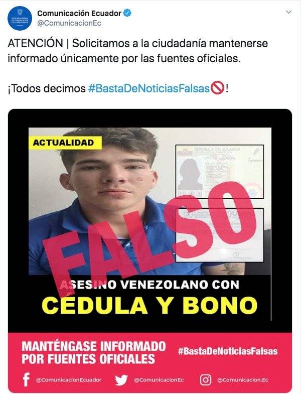 Publicación de la cuenta Comunicación Ecuador