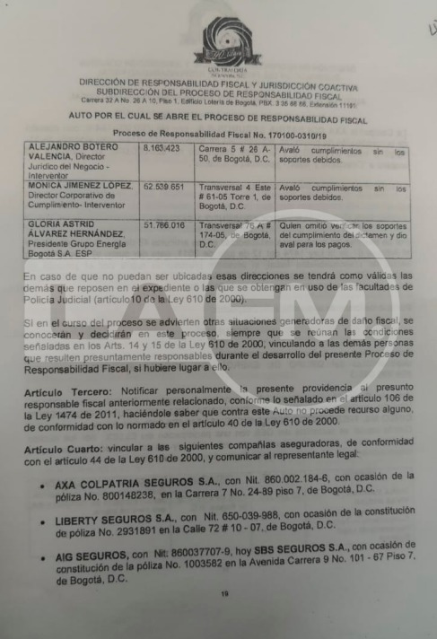 Abren proceso de responsabilidad fiscal contra presidenta del Grupo de Energía