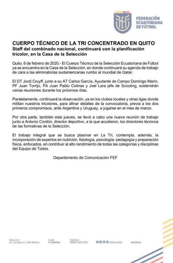 Comunicado de prensa de la FEF