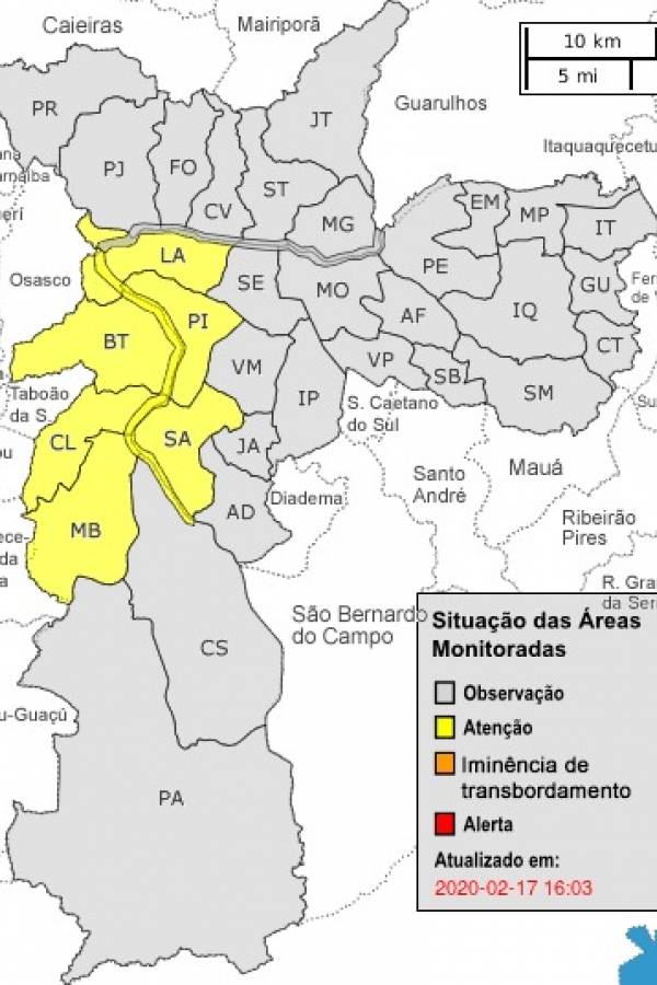 Mapa com pontos em estado de atenção