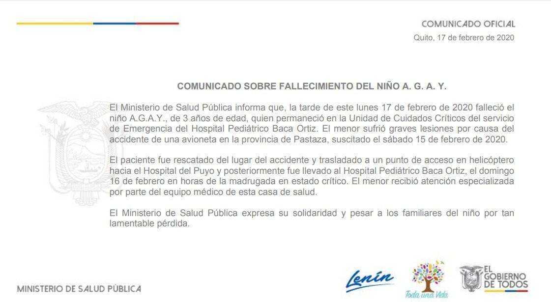 Falleció menor de 3 años que sobrevivió a accidente aéreo en Pastaza