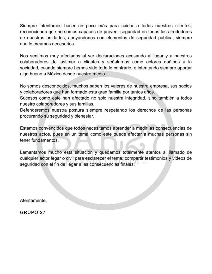 Comunicado redactado por Grupo 27 sobre el incidente.