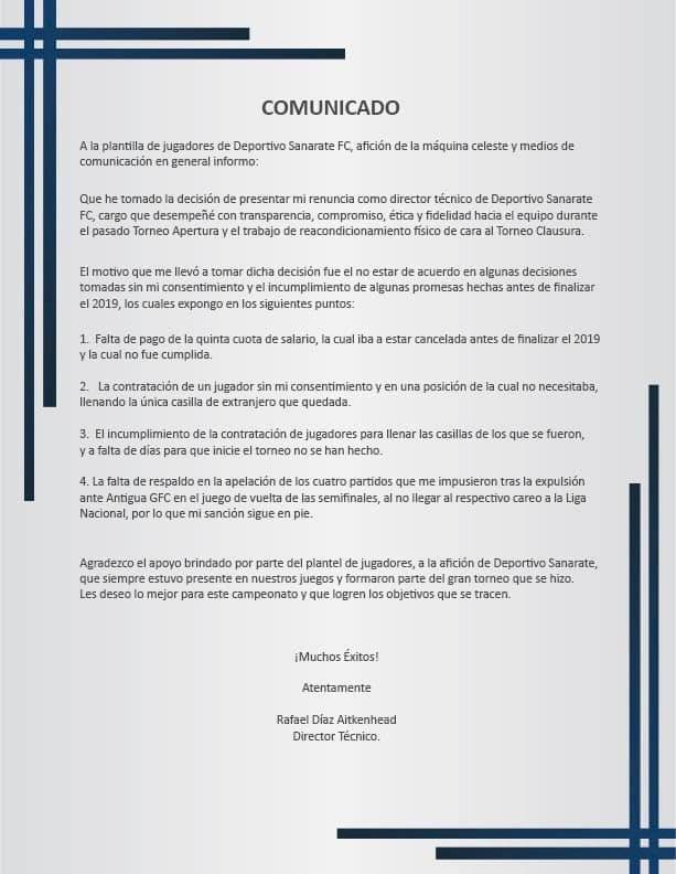 Carta de renuncia de Rafael Díaz como estratega de Sanarate