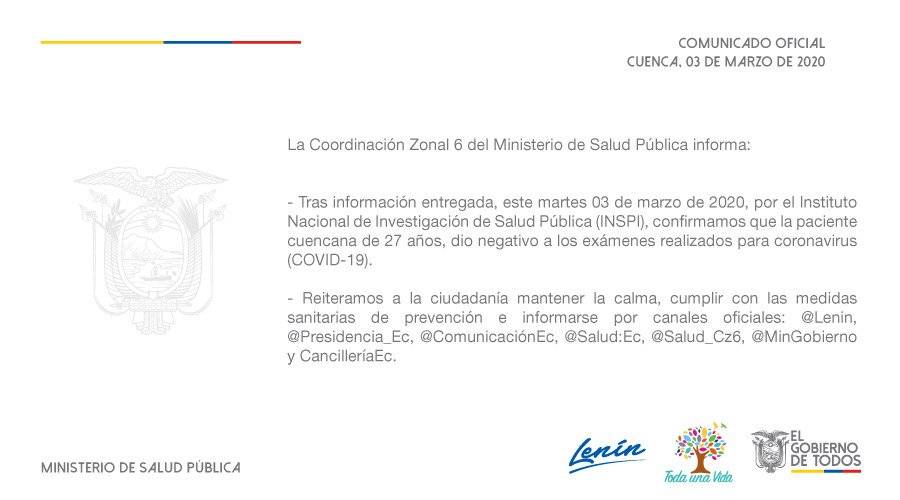 Ministerio de Salud descarta caso de coronavirus en Cuenca