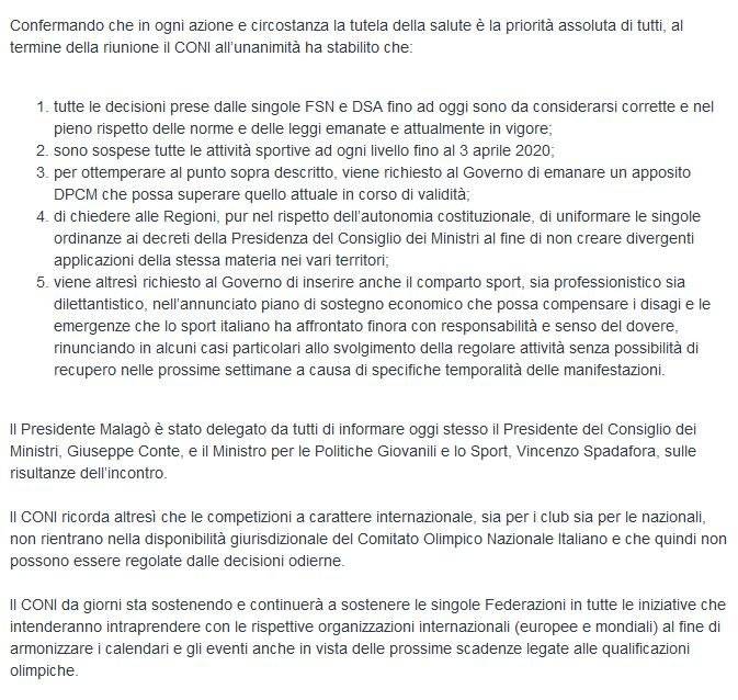 Comunicado del Comité Olímpico Italiano sobre las competiciones internacionales