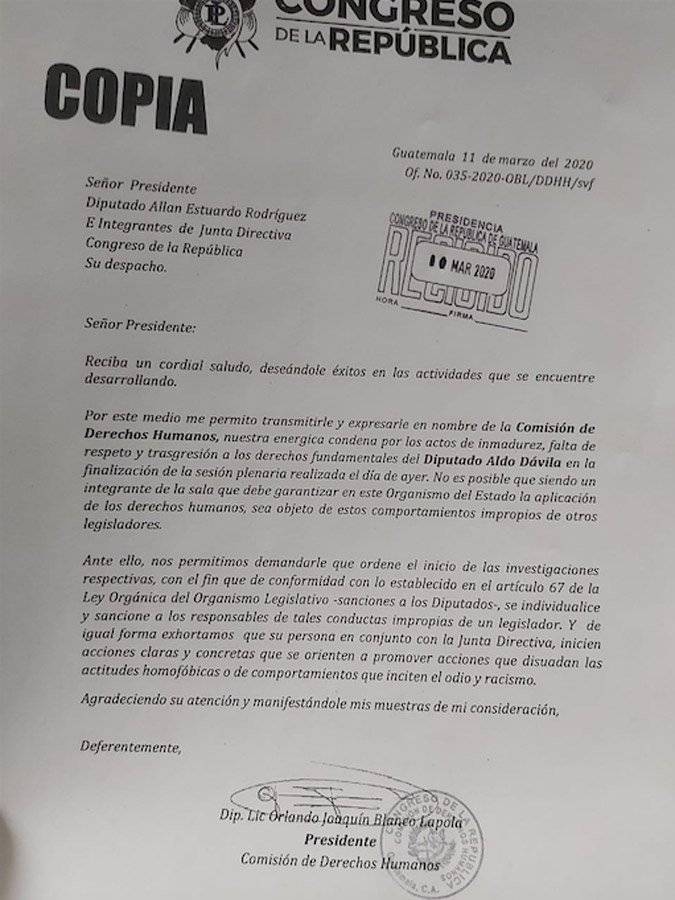 Carta enviada al presidente del Congreso, Allan Rodríguez