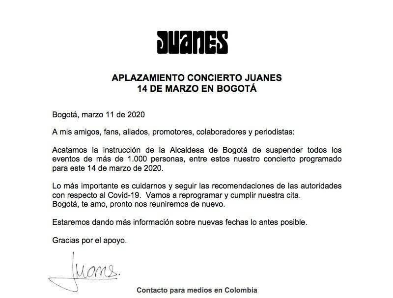 Los tres conciertos que se cancelaron en Bogotá este fin de semana como medida contra el coronavirus