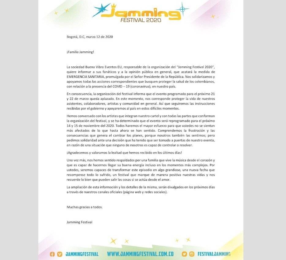 Jamming Festival cancelado por coronavirus