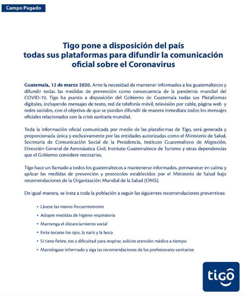 Tigo comunicación sobre coronavirus