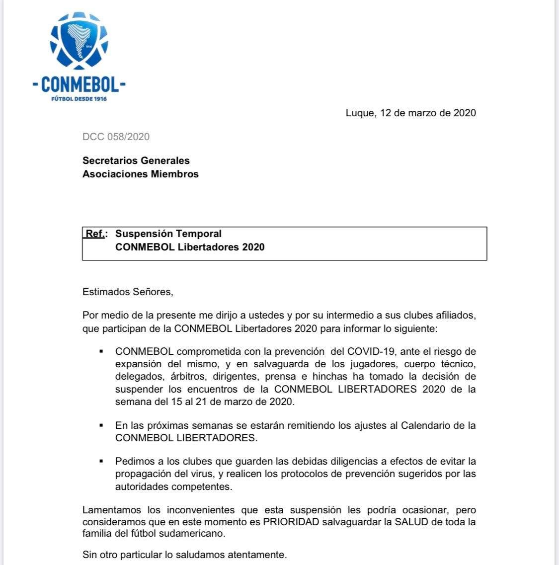 Conmebol suspende Libertadores