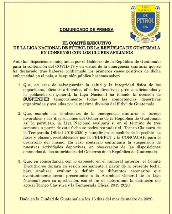 Comunicado de la Liga Nacional sobre suspensión del Clausura 2020