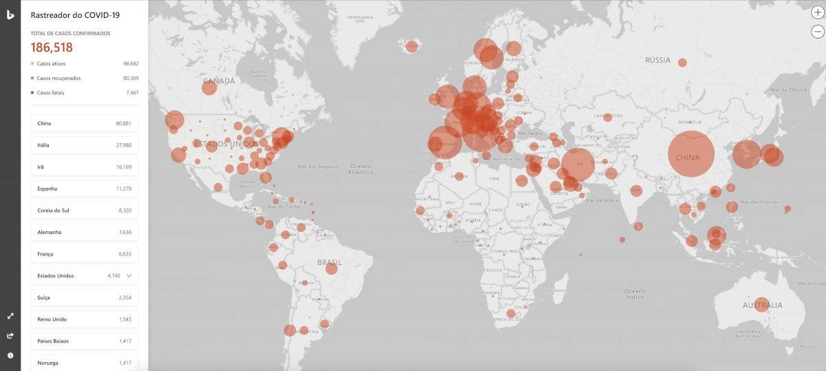 Bing - mapa coronavírus