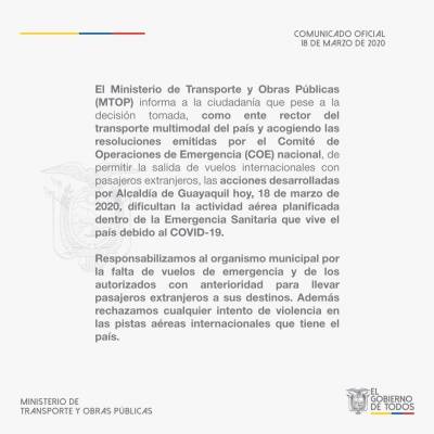Comunicado del ministerio de Obras Públicas