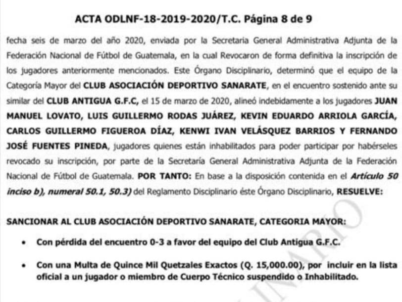 Resolución del Órgano Disciplinario, partido Antigua vs Sanarate
