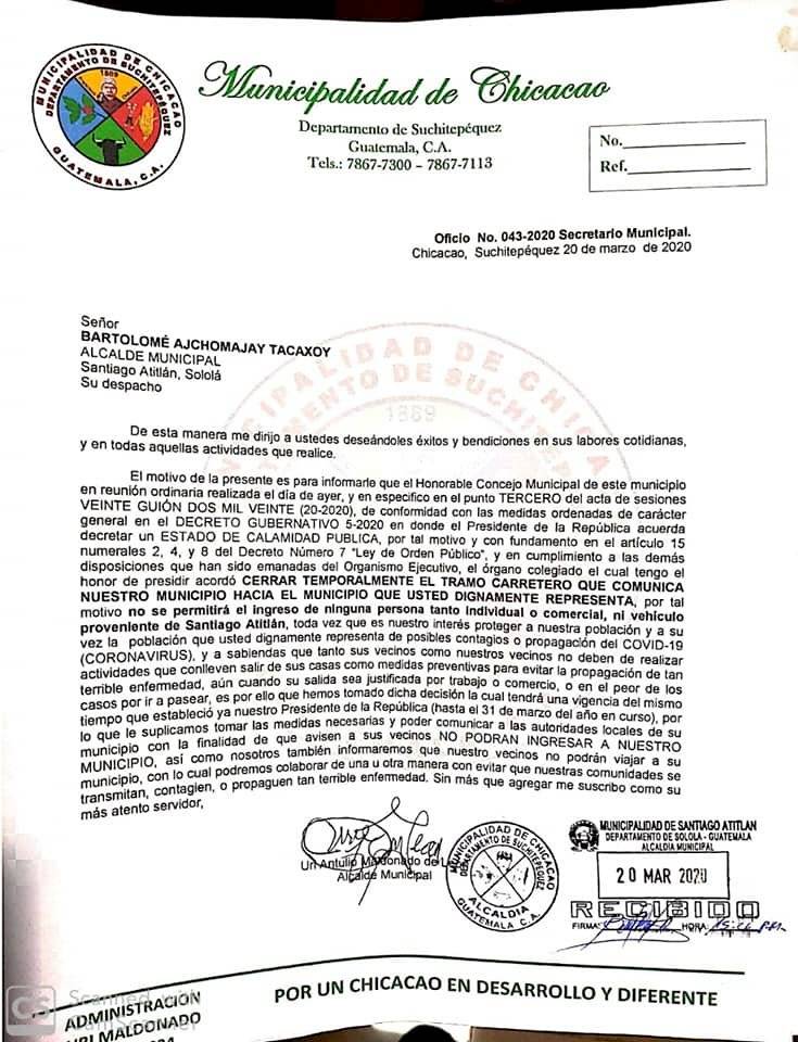Oficio publicado por la Municipalidad de Chicacao