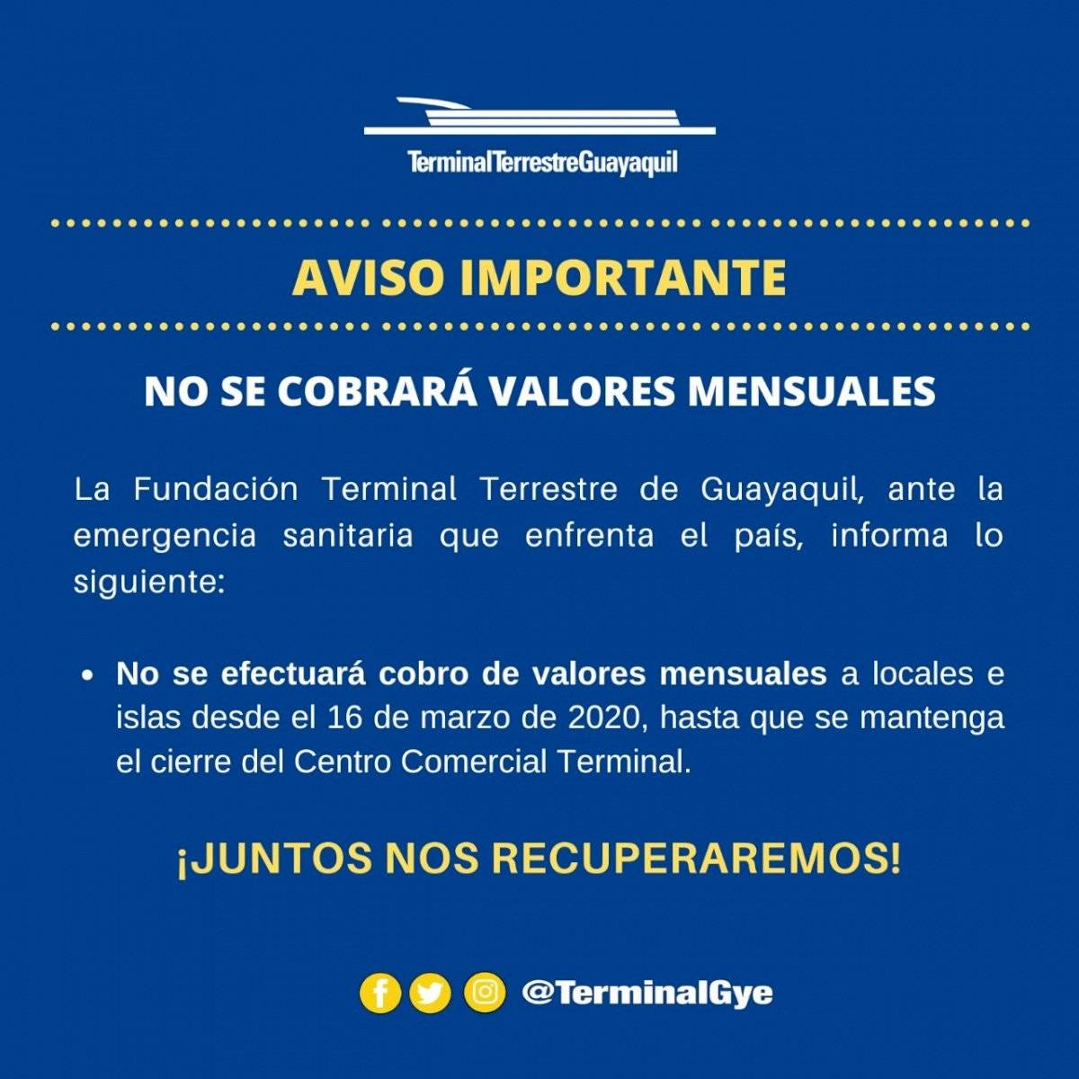 Terminal Terrestre de Guayaquil no cobrará mensualidades a locales e islas