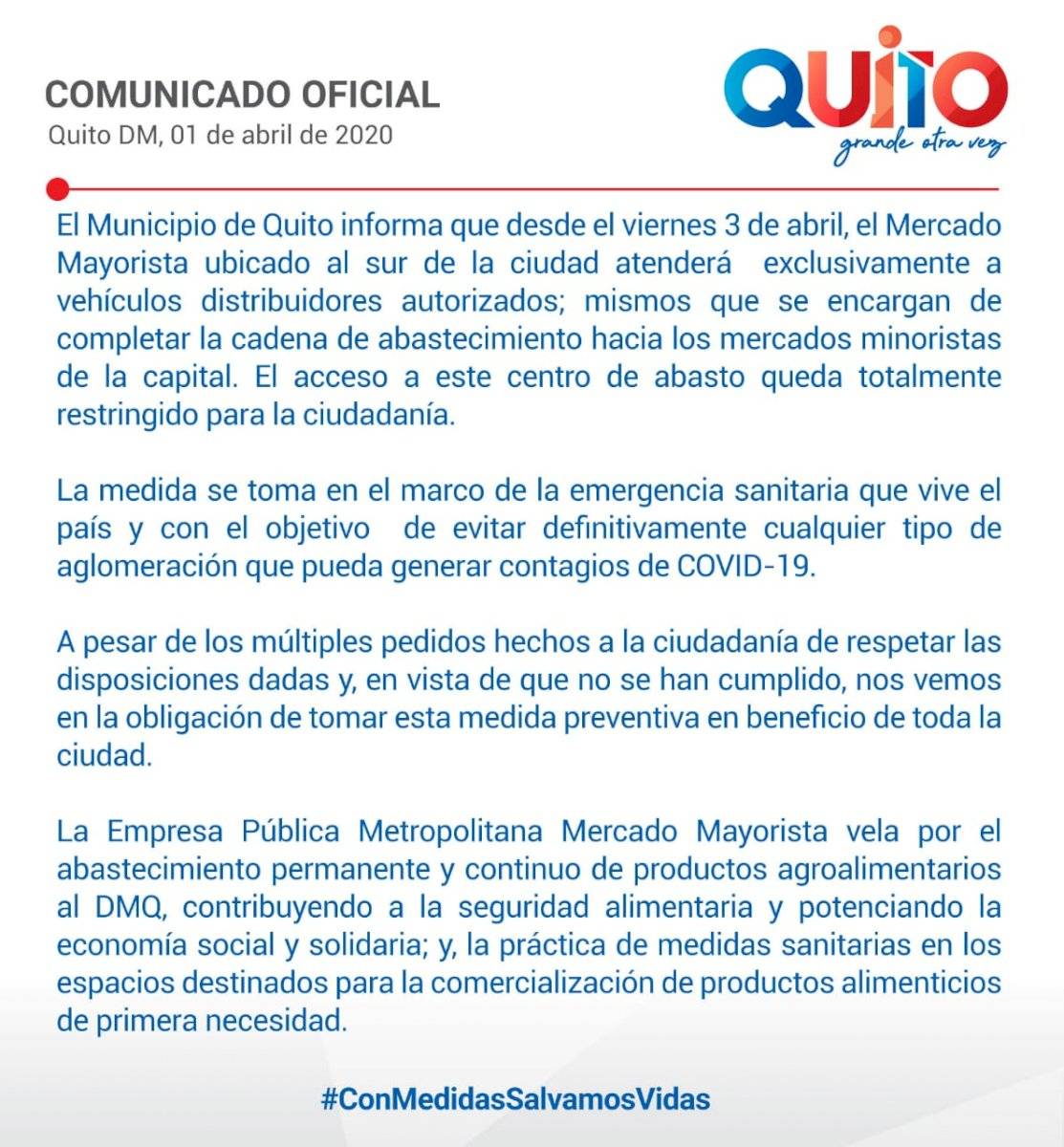 Mercado Mayorista en Quito no permitirá acceso a ciudadanos desde el 3 de abril