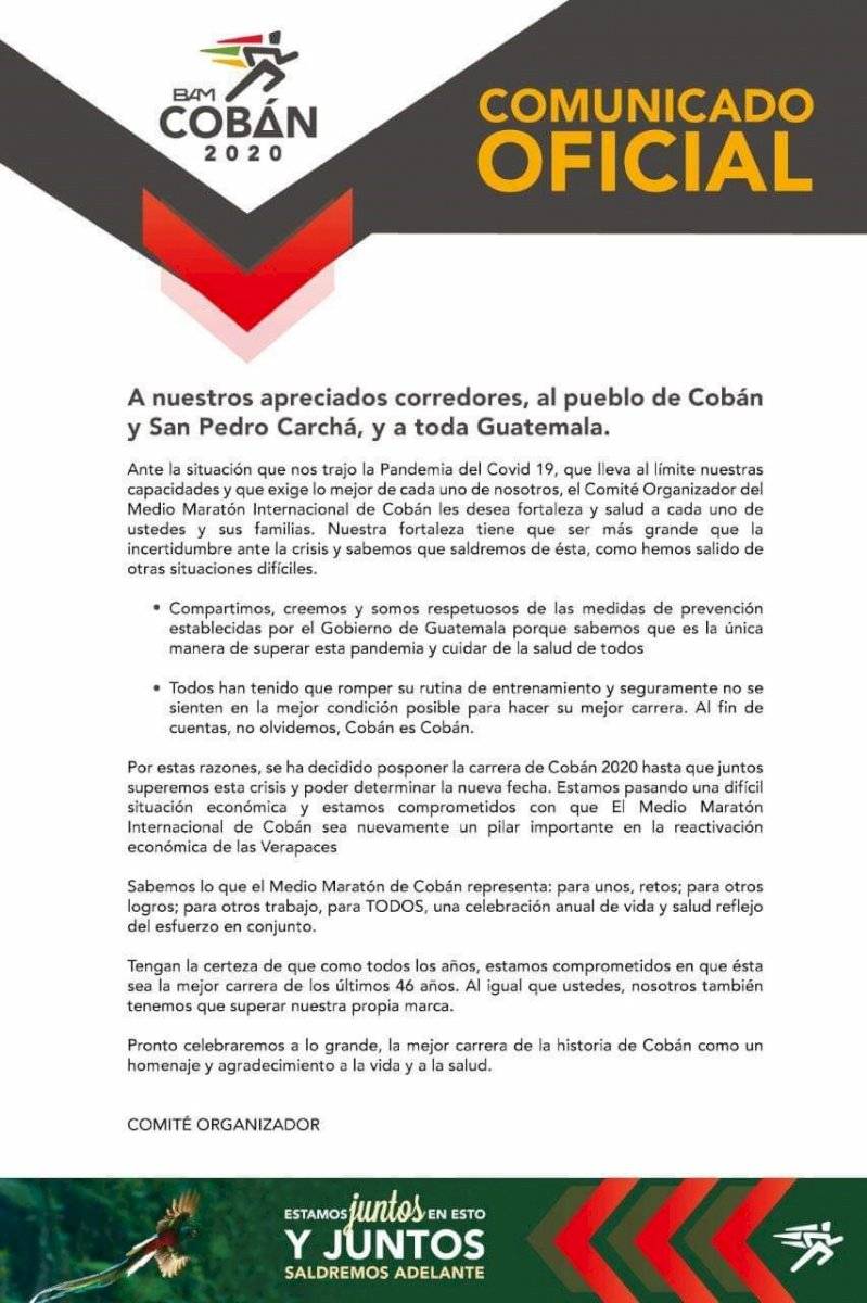 Comunicado del Medio Maratón Internacional de Cobán 2020